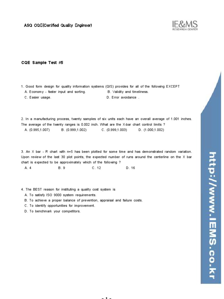 CQE Sample Test Questions #5 | PDF | Probability Distribution | Calibration