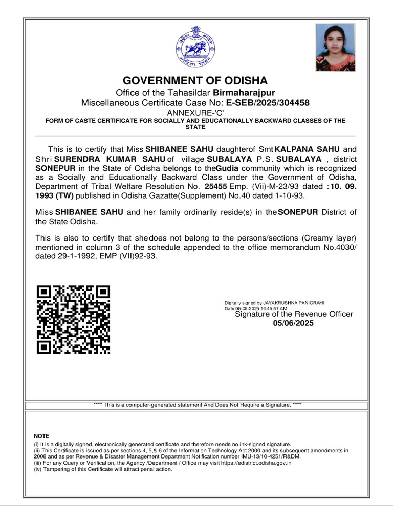 Odisha Caste Certificate for SEBC | PDF