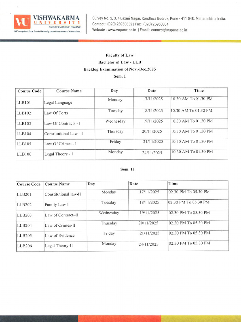 Backlog Time Table - LLB - Nov - Dec 25 | PDF