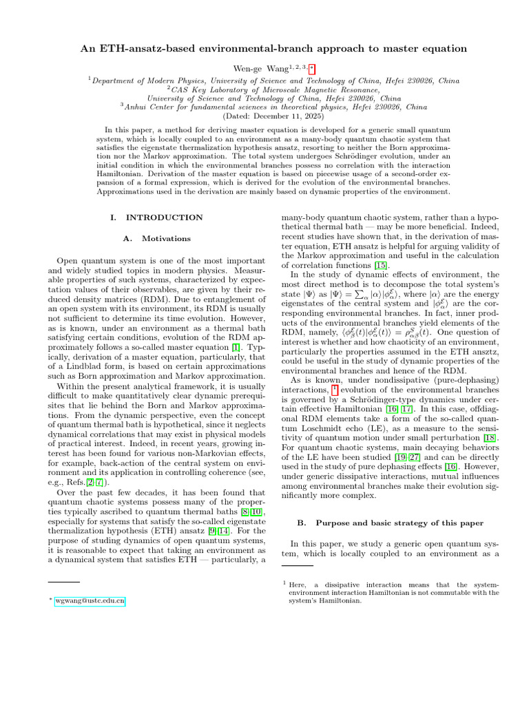 An ETH-Ansatz-based Environmental-branch Approach to Master Equation ...