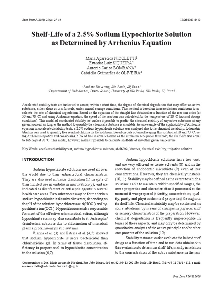 ShelfLife of A 2.5 Sodium Hypochlorite Solution As Determined by
