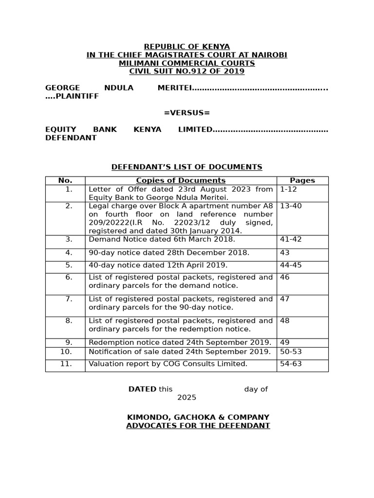 Civil Suit No.912 of 2019-List of Documents | PDF