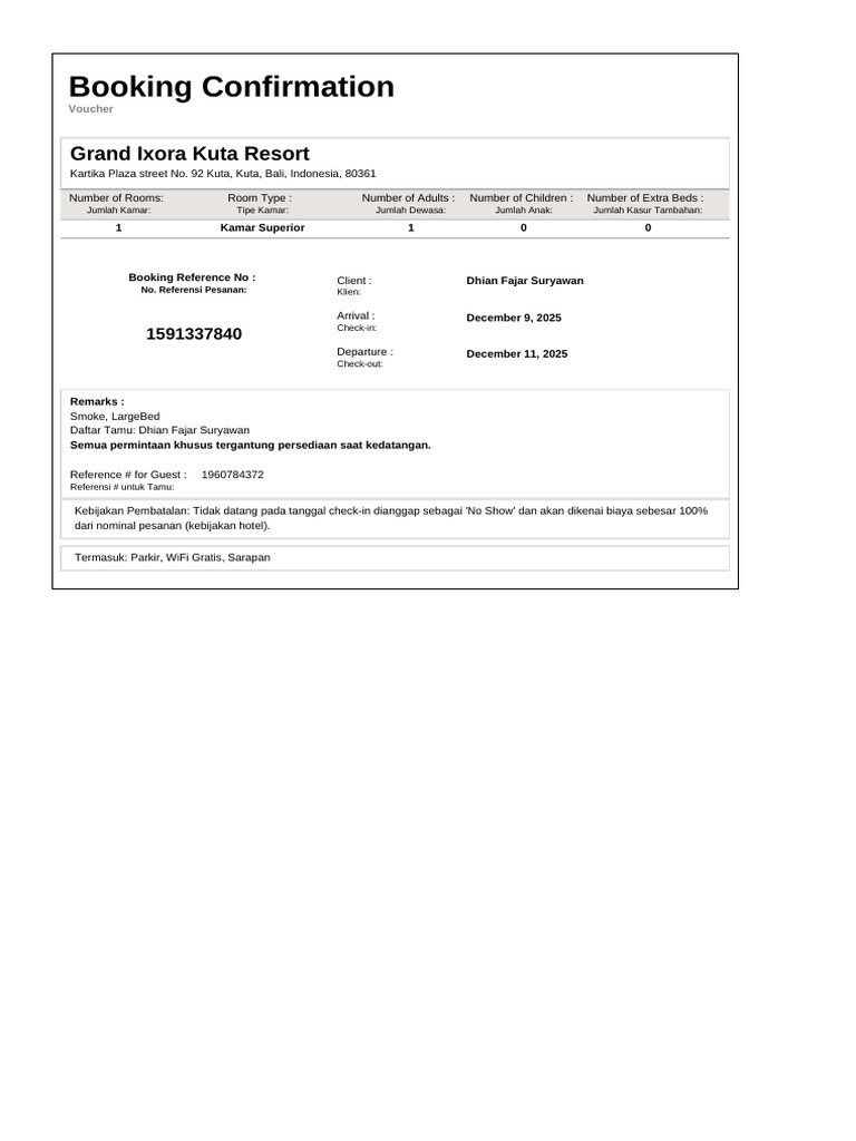 Confirmation For Booking ID # 1960784372 | PDF