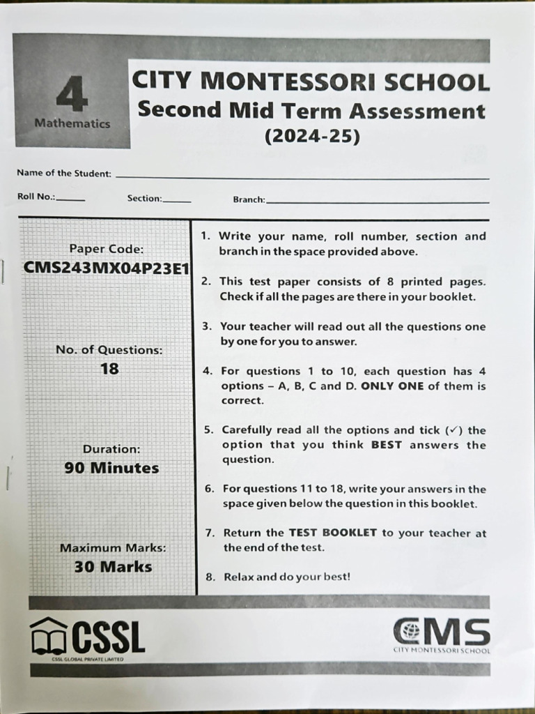 Grade 4 Mathematics Mid Term Test | PDF | Length | Rectangle