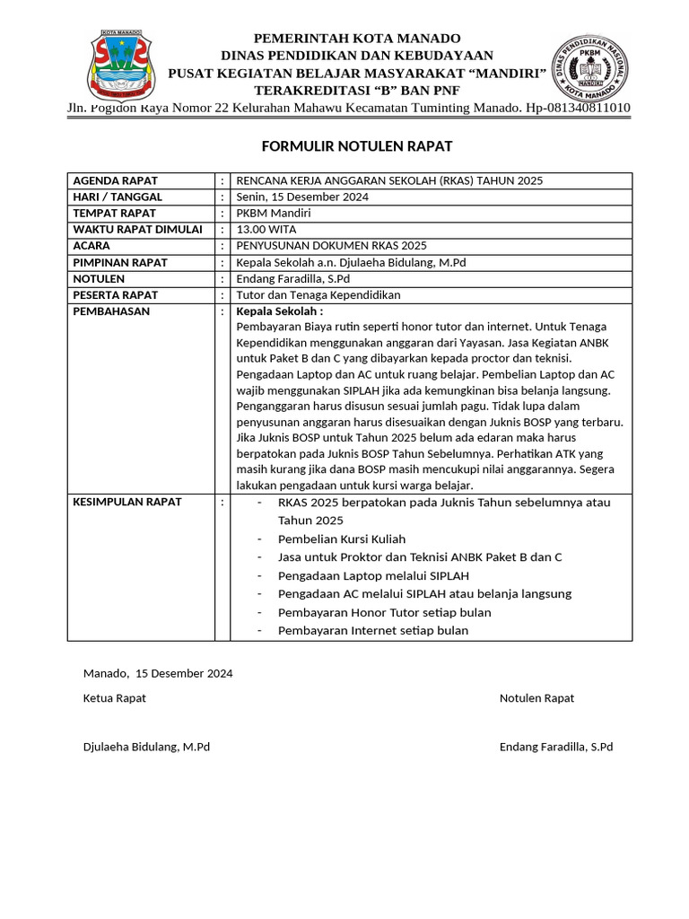 RKAS 2025: Notulen Rapat PKBM Mandiri | PDF