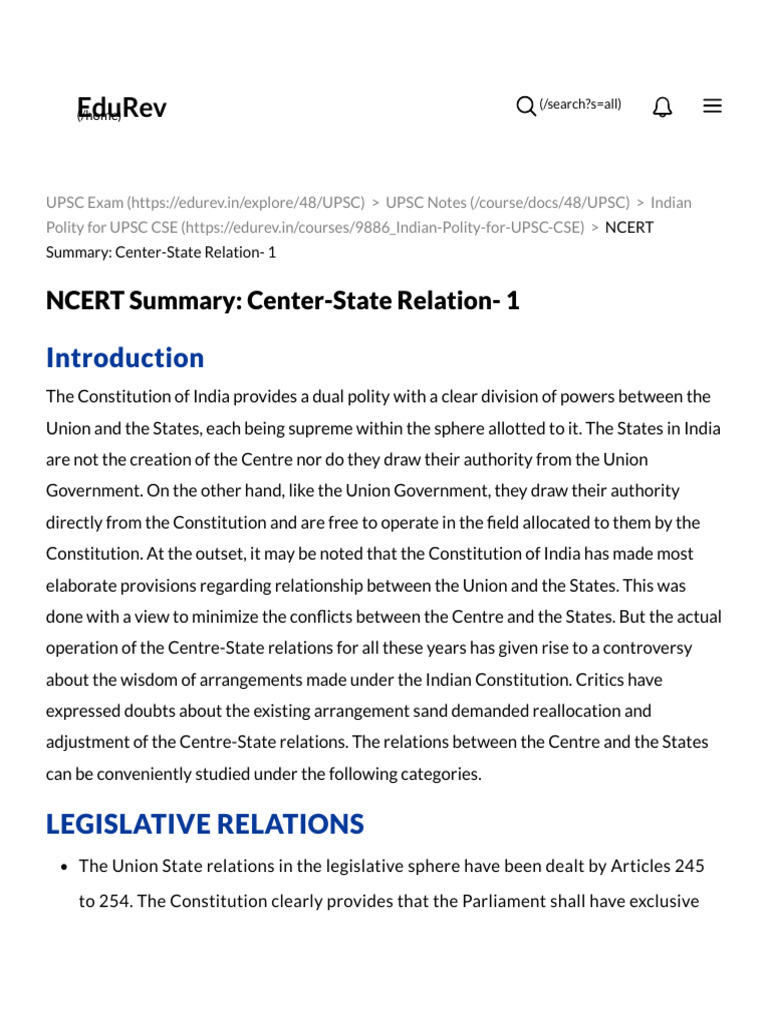 Center-State Relations in Indian Constitution | PDF | Government Of ...