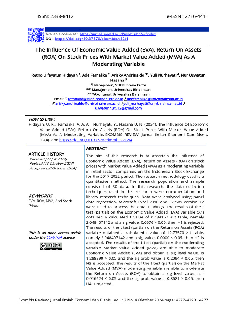 EVA and ROA Impact on Stock Prices | PDF | Student's T Test | Investing
