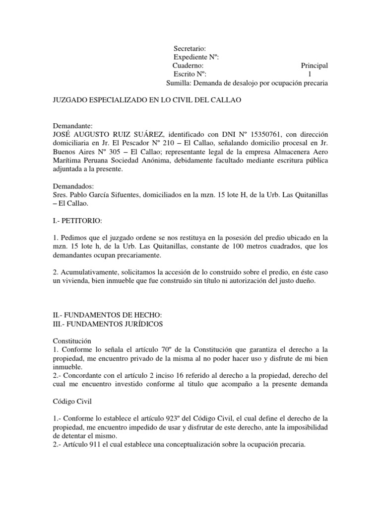 Demanda Desalojo Por Ocupación Precaria | PDF | Propiedad | Demanda judicial