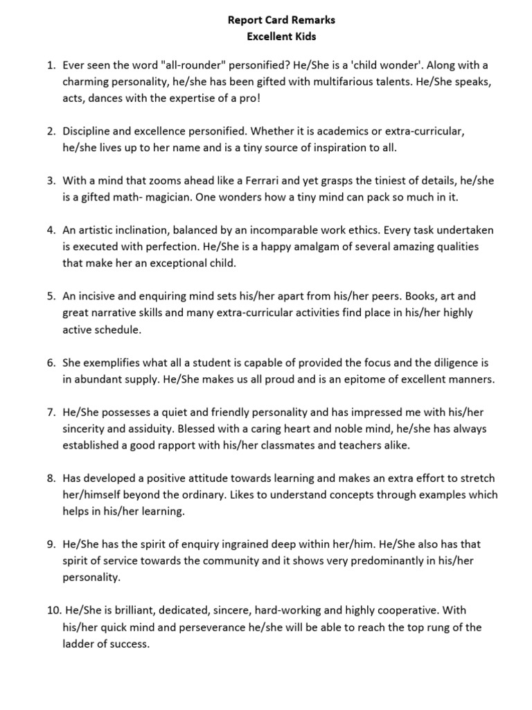 Exceptional Student Report Card Remarks | PDF | Feeling | Mind