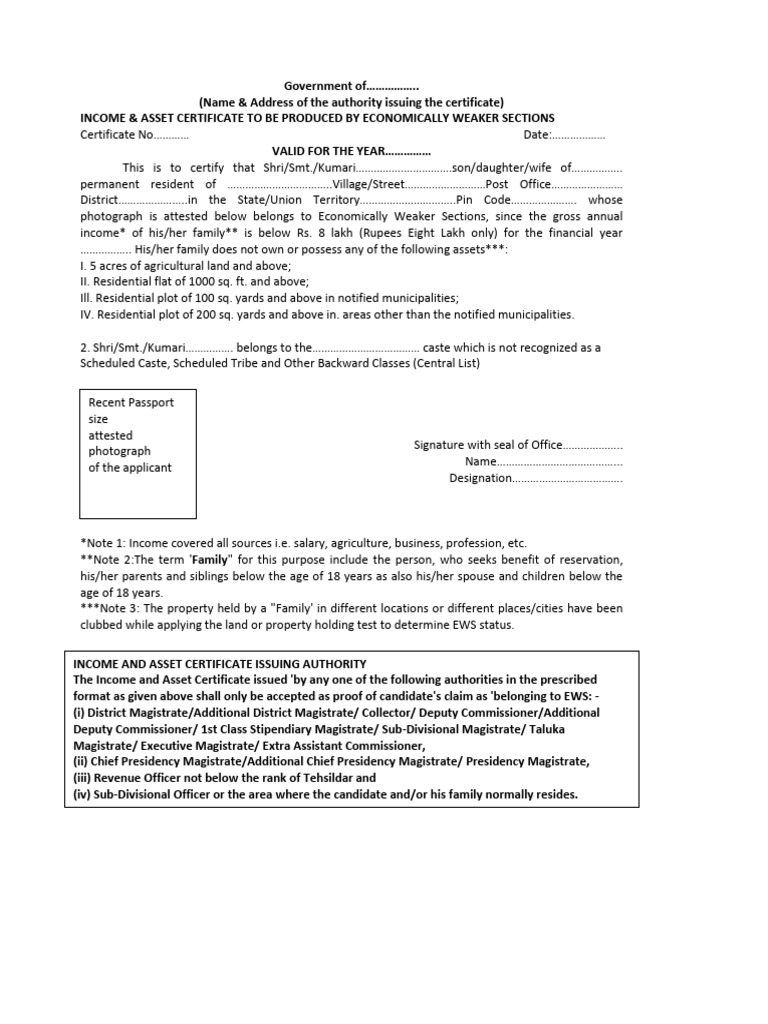 EWS Income & Asset Certificate Template | PDF | Magistrate