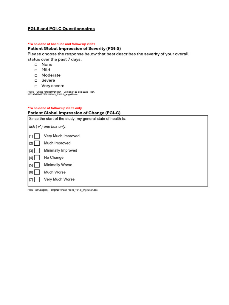 PGI-S and PGI-C Patient Questionnaires | PDF