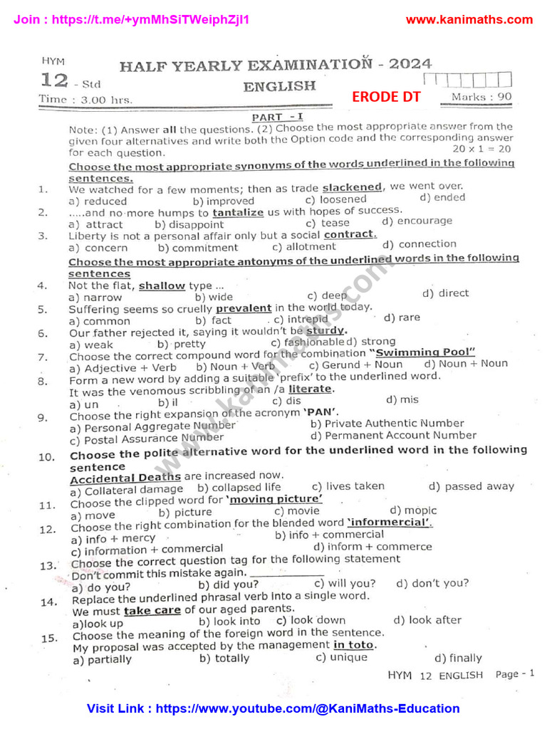 Kani Maths 12th English Erode DT Half Yearly-2024 Question Paper | PDF