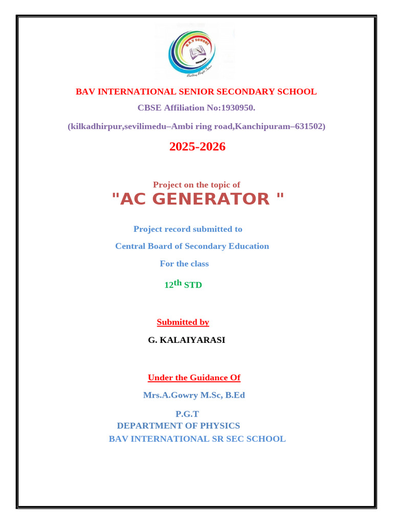 AC Generator Project for Class 12 CBSE | PDF
