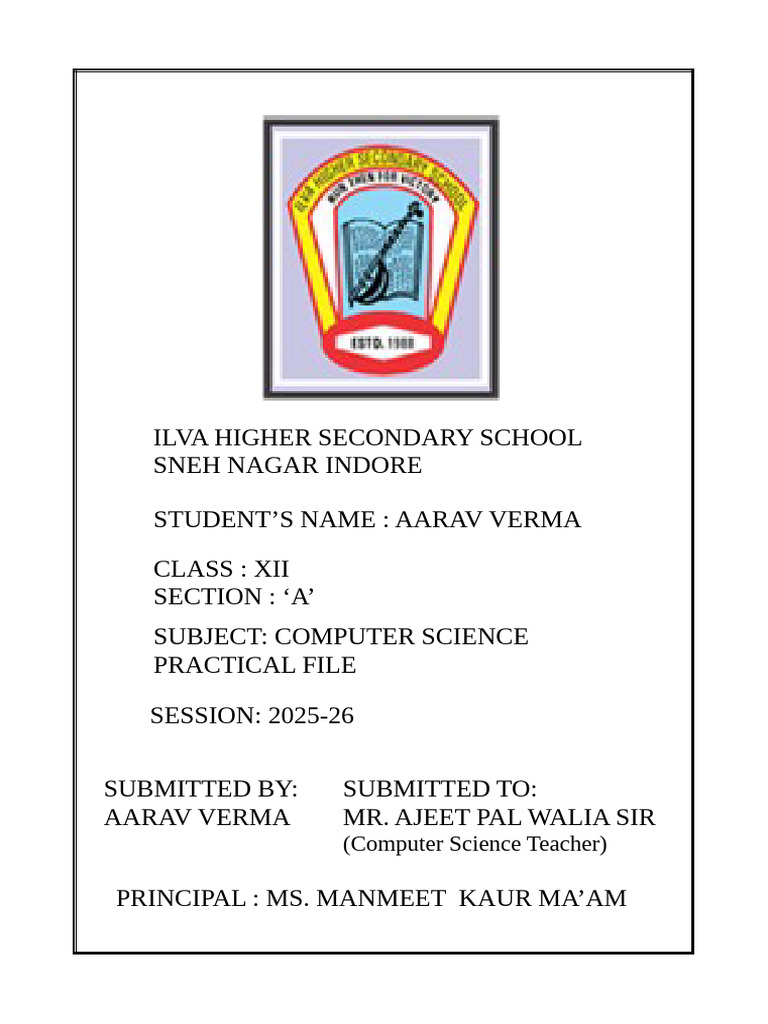 Computer Science Practical File - Aarav Verma | PDF