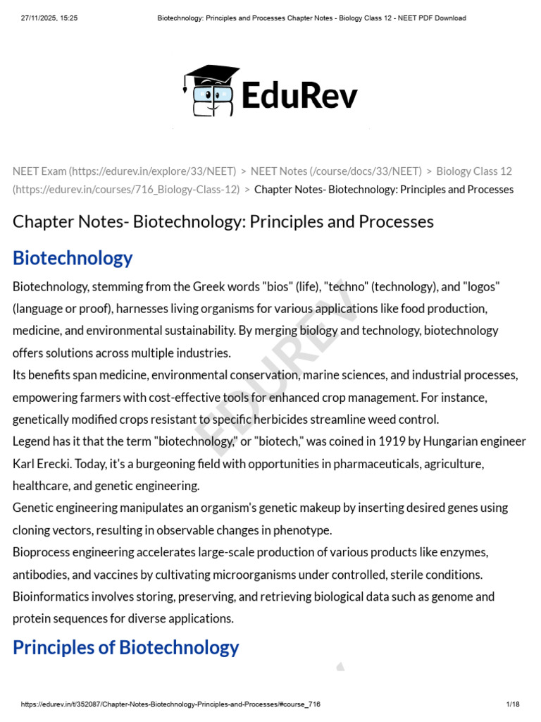 NEET Biotechnology Principles Notes | PDF | Molecular Cloning | Plasmid