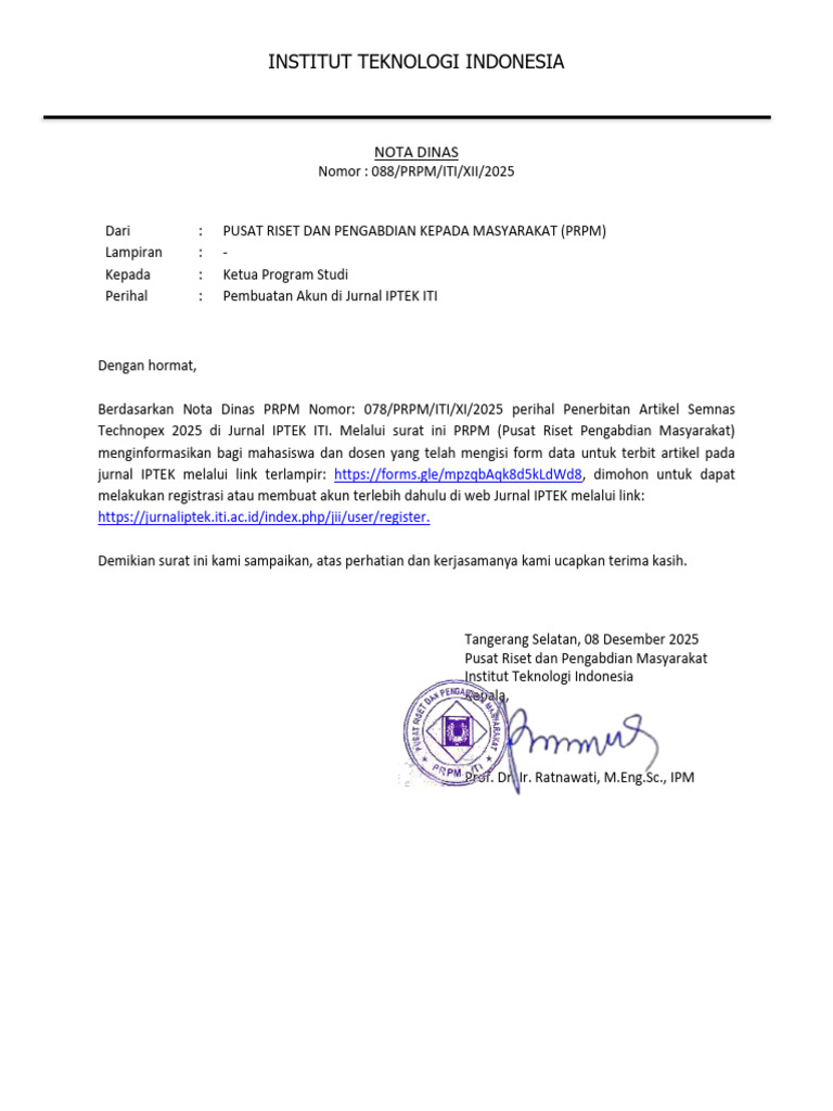 088 - Nota Dinas PRPM_Pembuatan Akun Di Jurnal IPTEK | PDF