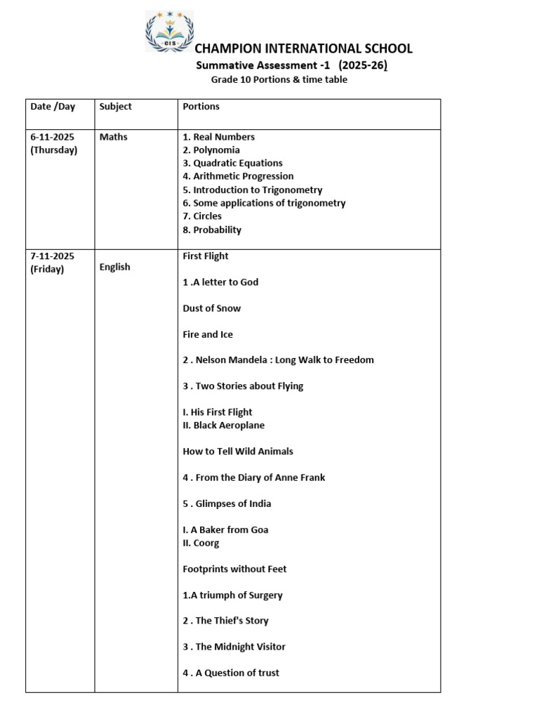 Grade 10 Summative Assessment Timetable | PDF