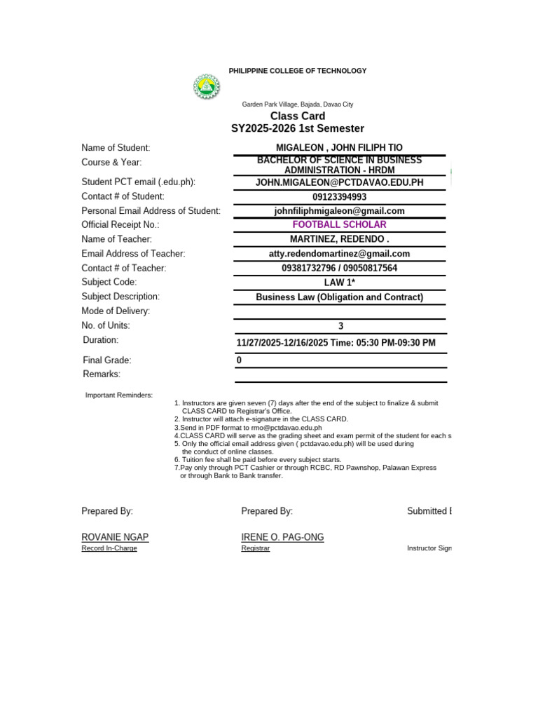 PCT Class Card for Business Law Course | PDF