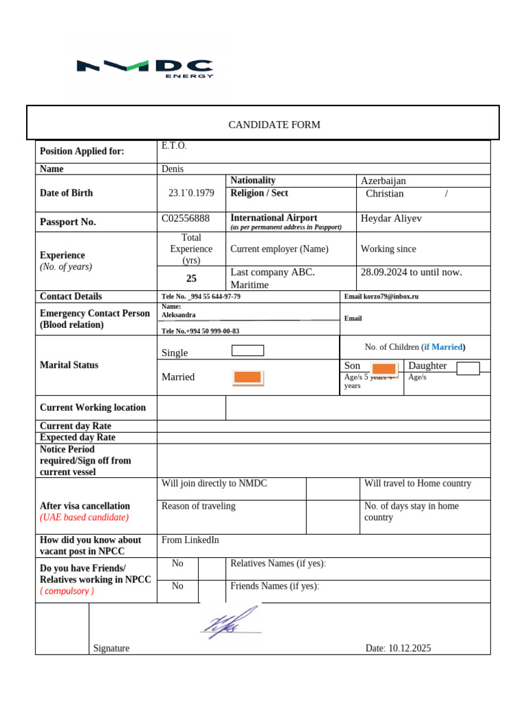 Candidate Application Form for E.T.O. Position | PDF | Human Migration ...