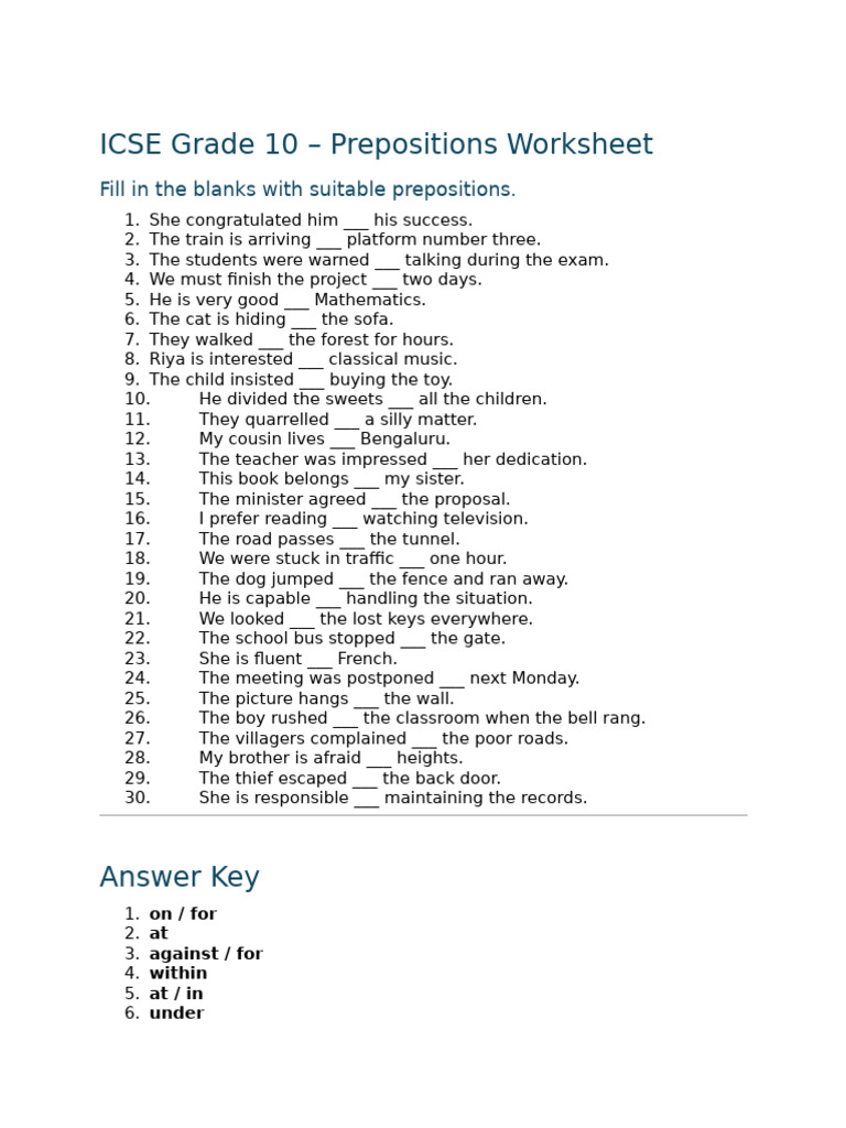 ICSE Grade 10 Prepositions Worksheet | PDF