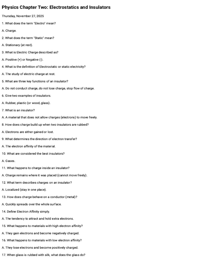 Physics Chapter Two_ Electrostatics and Insulators | PDF | Electric ...
