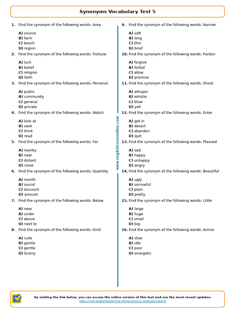 1638 Synonyms Vocabulary Test 5 Englishtestsonline.com | PDF | Chess ...