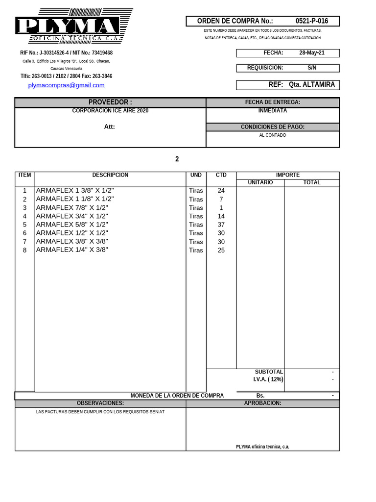 Orden de Compra para Proveedores Ice Aire Qta Altamira 2 | PDF