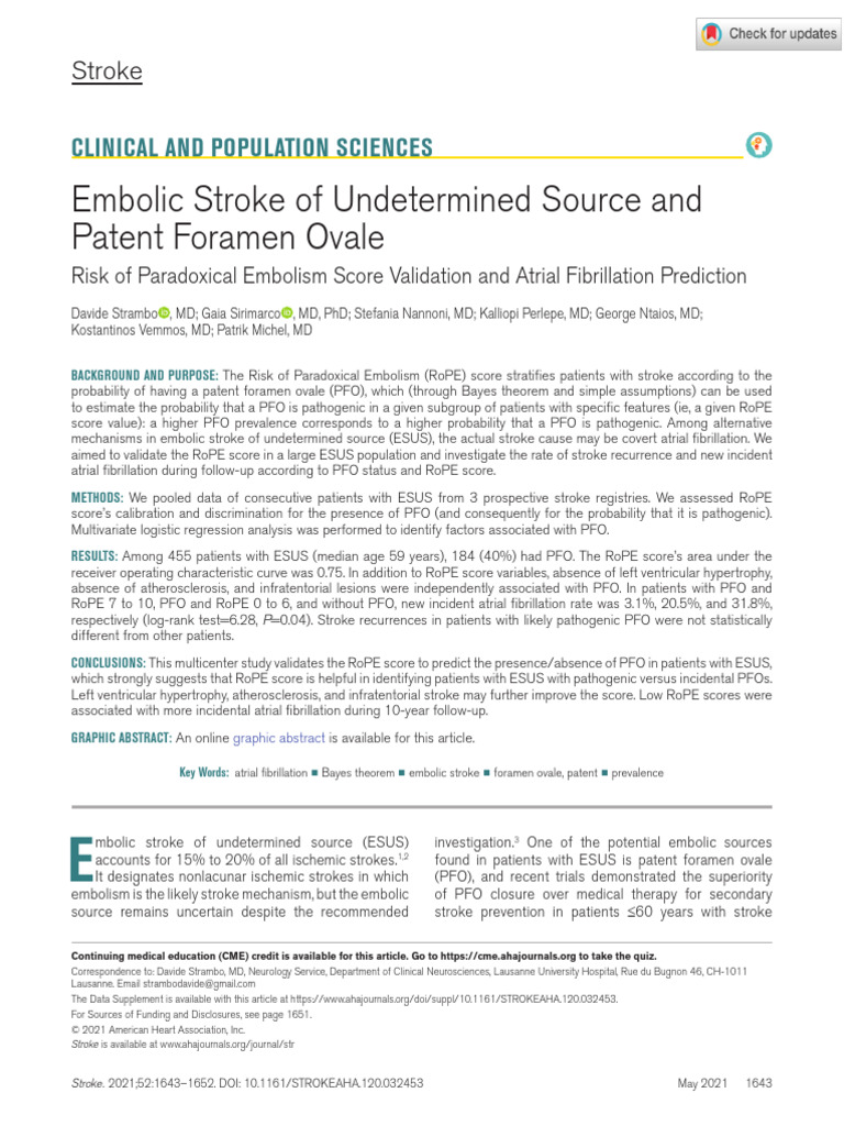 RoPE Score Validation in ESUS Patients | PDF | Stroke | Embolism
