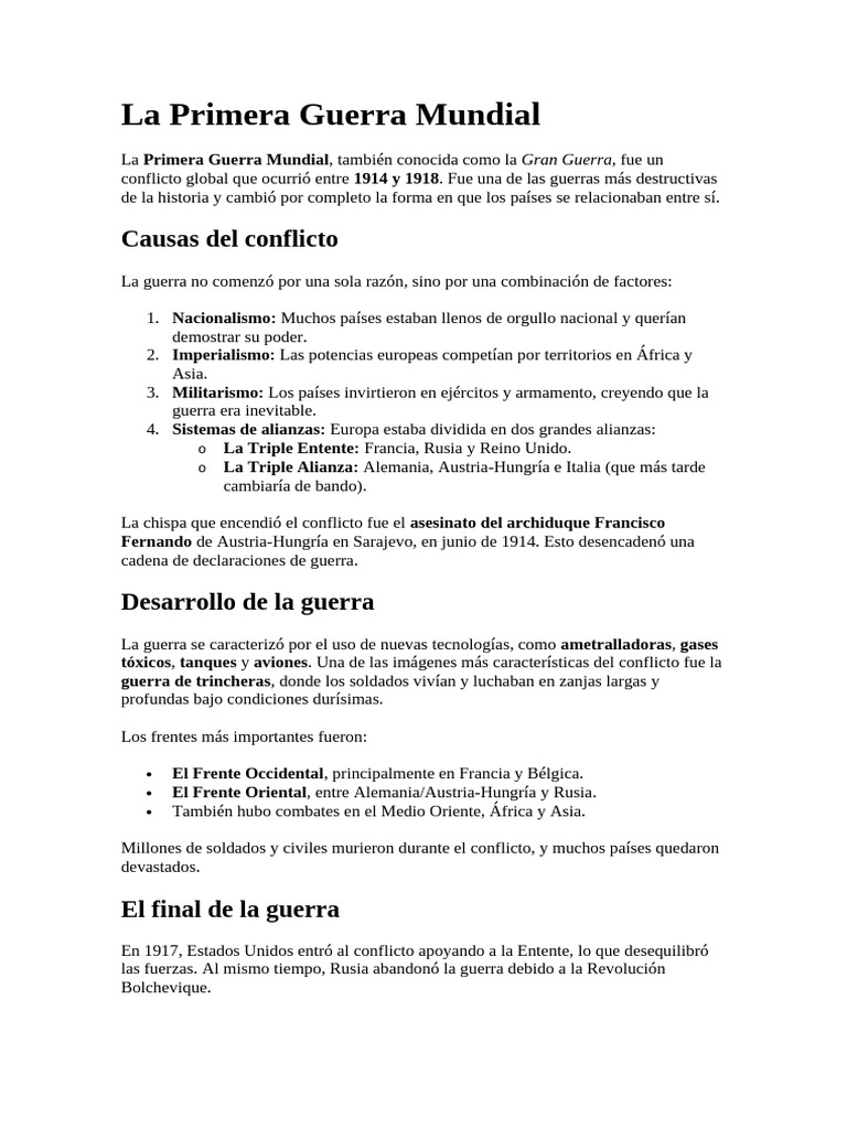 Causas y Consecuencias de la Primera Guerra Mundial | PDF | Primera ...