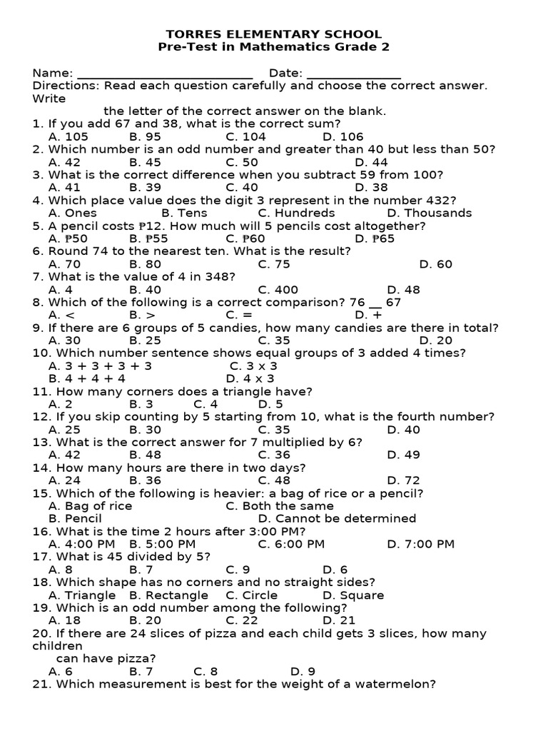 Grade 2 Math Pre-Test Questions | PDF | Numbers | Mathematics