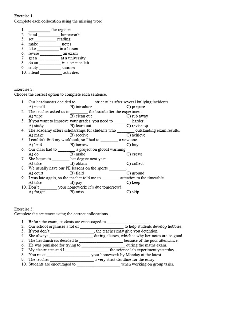 Educational Collocation Exercises | PDF