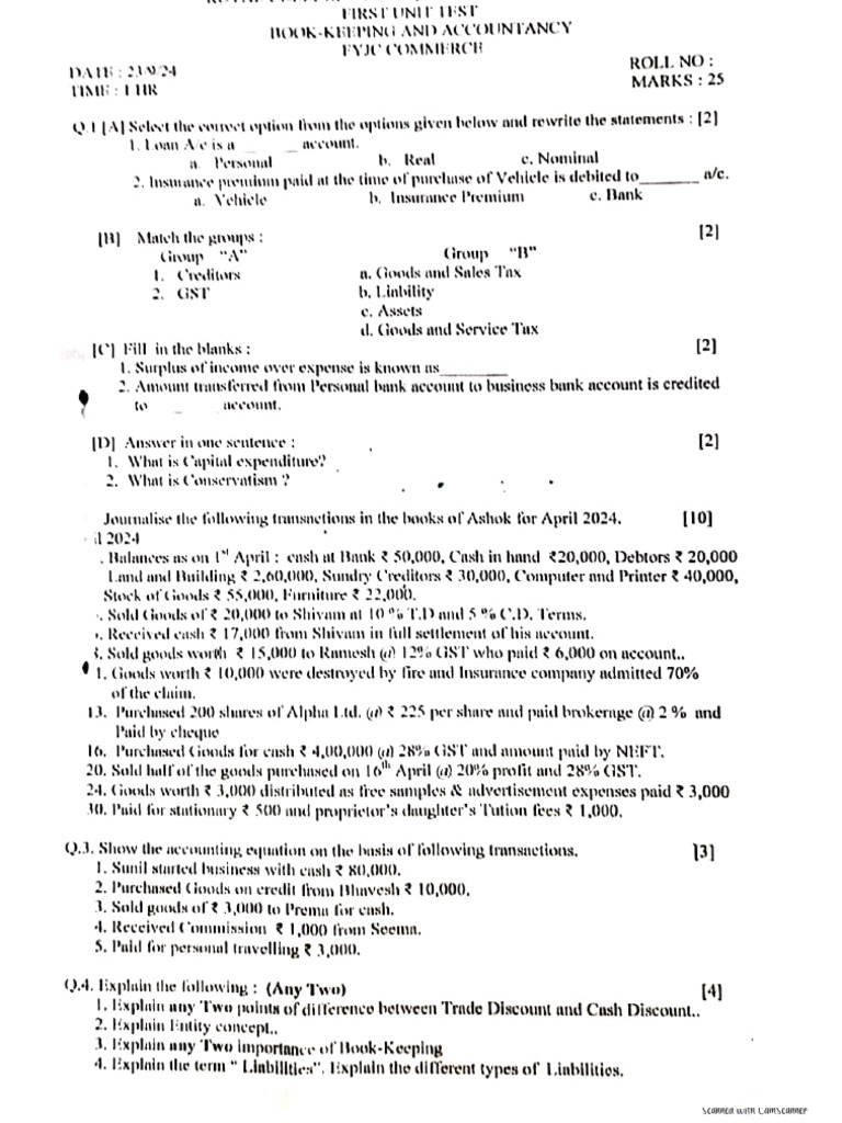 XI Commerce 1 Unit Test B K 24-25-1 | PDF