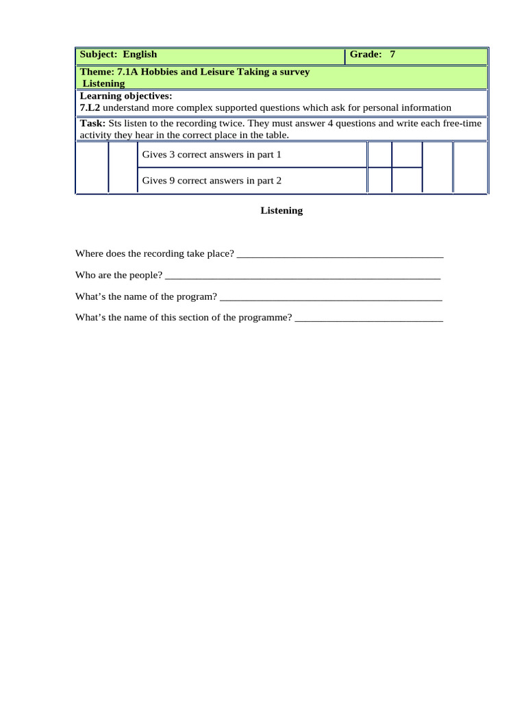 Subject: English Grade: 7 Theme: 7.1A Hobbies and Leisure Taking A ...