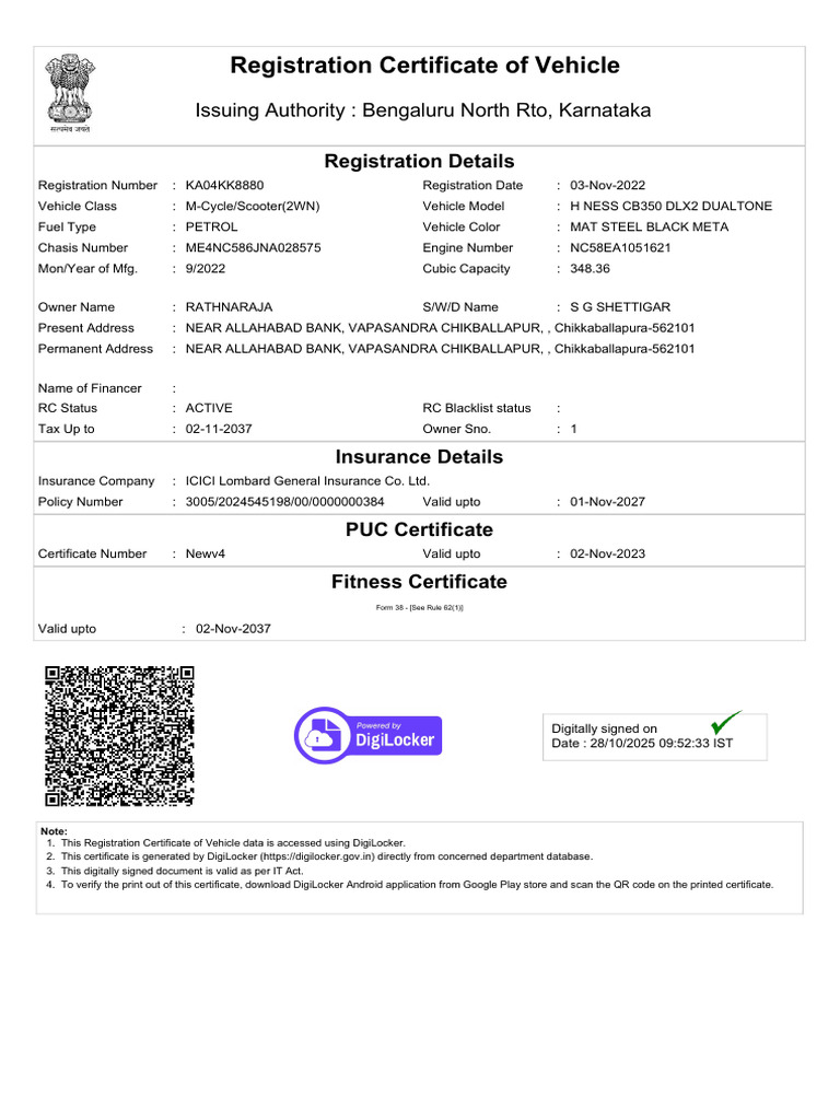 Vehicle Registration Certificate - KA04KK8880 | PDF | Transport