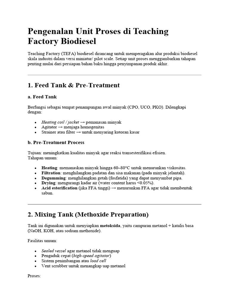 Unit Proses Produksi Biodiesel TEFA | PDF
