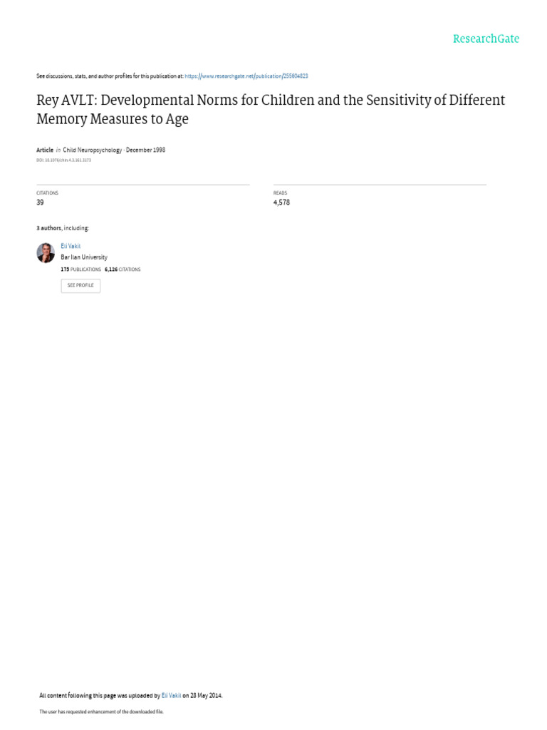 Rey AVLT Memory Norms for Children | PDF | Memory | Attention Deficit ...