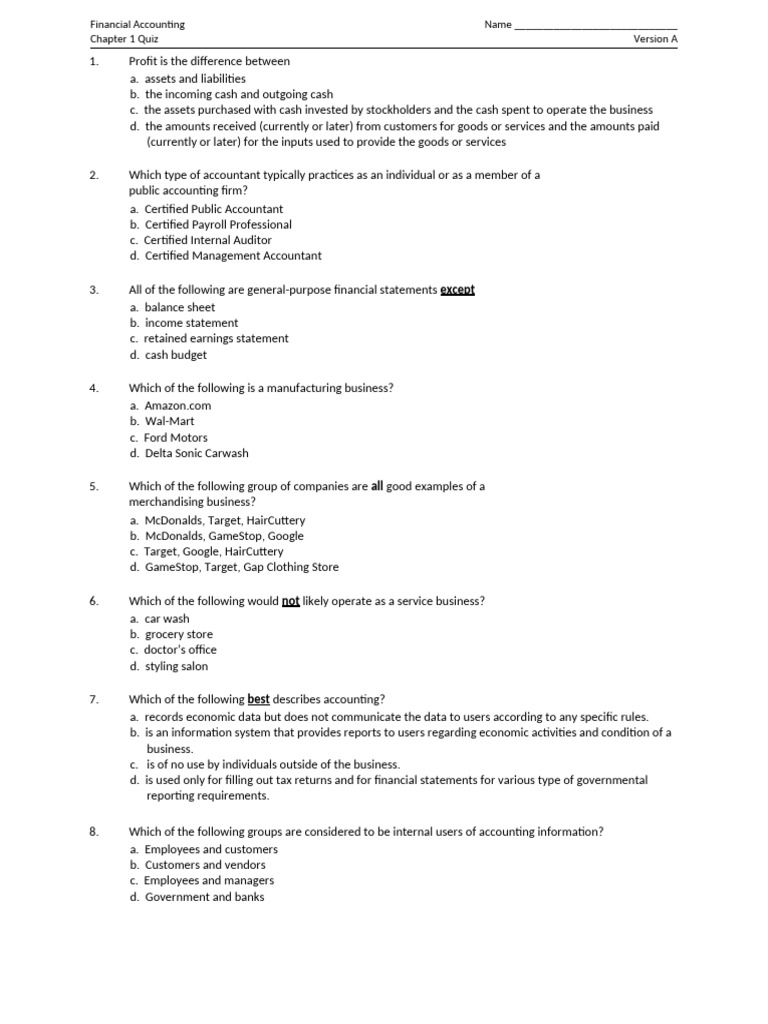 Financial Accounting Chapter 1 Quiz | PDF | Equity (Finance) | Retained ...