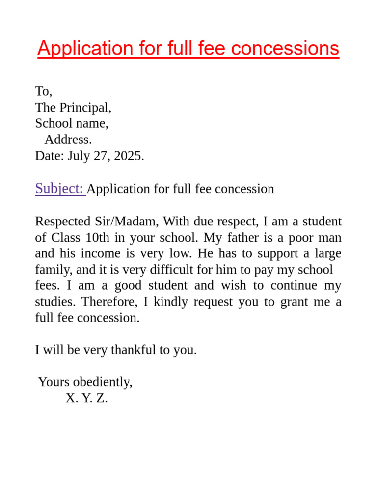 Full Fee Concession Application Letter | PDF