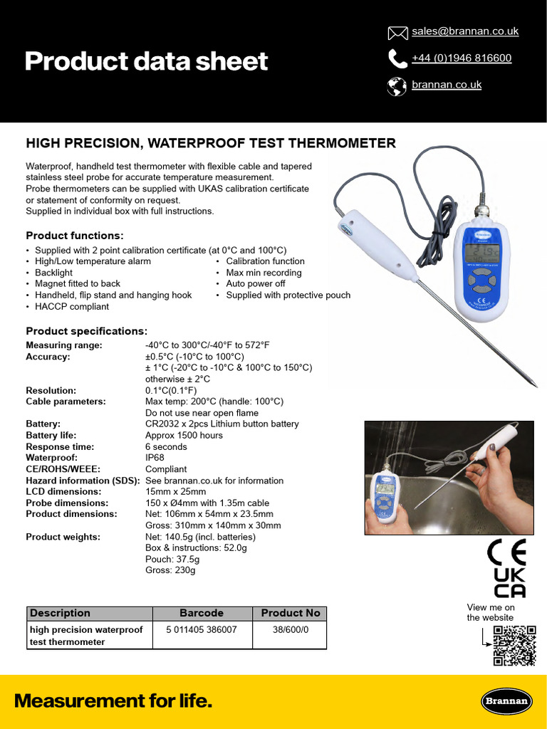 Probe Thermometer High Precision Waterproof 38 600 Brannan Product Data ...