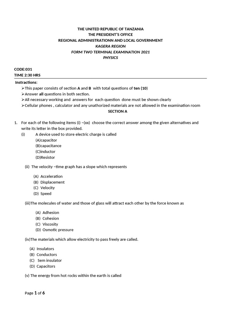 Kagera Region Form Two Physics Exam 2021 | PDF | Magnetization | Magnet