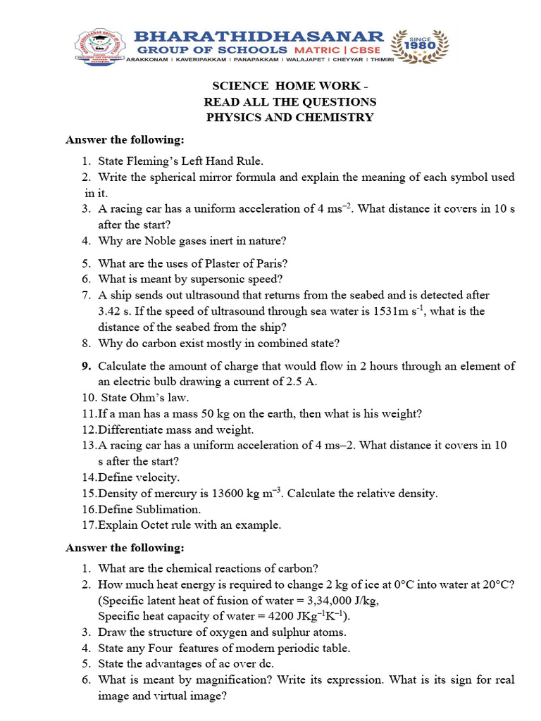 Science Homework Questions and Answers | PDF | Acid | Chemical Elements