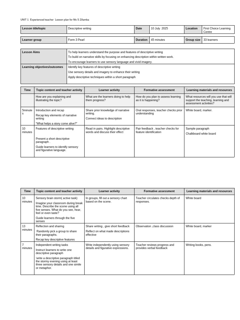 Descriptive Writing Lesson Plan | PDF | Learning | Lesson Plan
