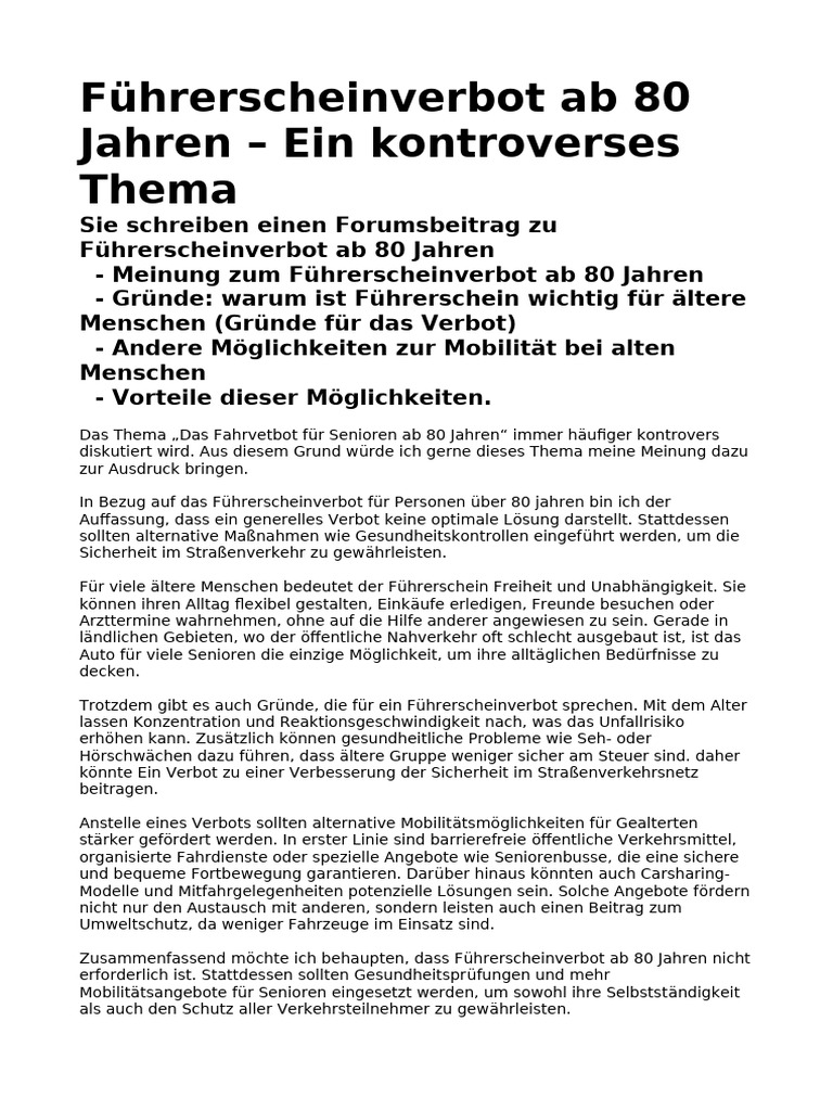 Führerscheinverbot Ab 80 Jahren - Ein Kontroverses Thema | PDF
