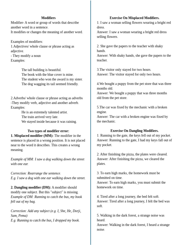 Modifier Notes and Exercise Print For Students | PDF | Adverb | Adjective