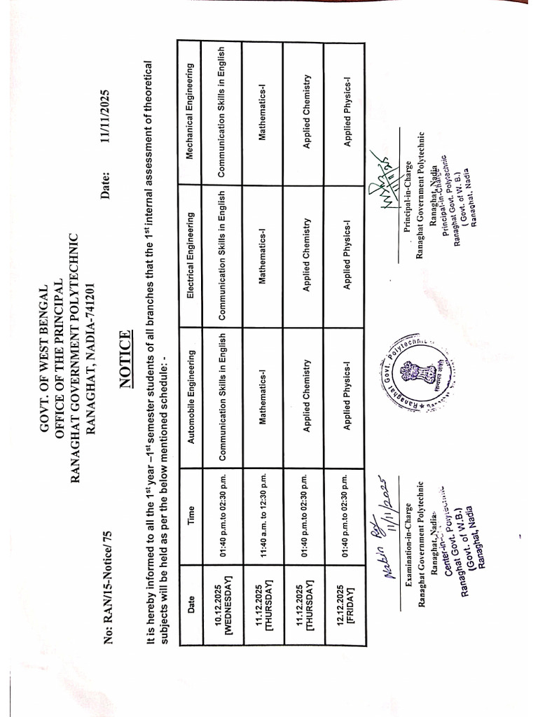 Routine 1st Semester 1st Internal Examination | PDF