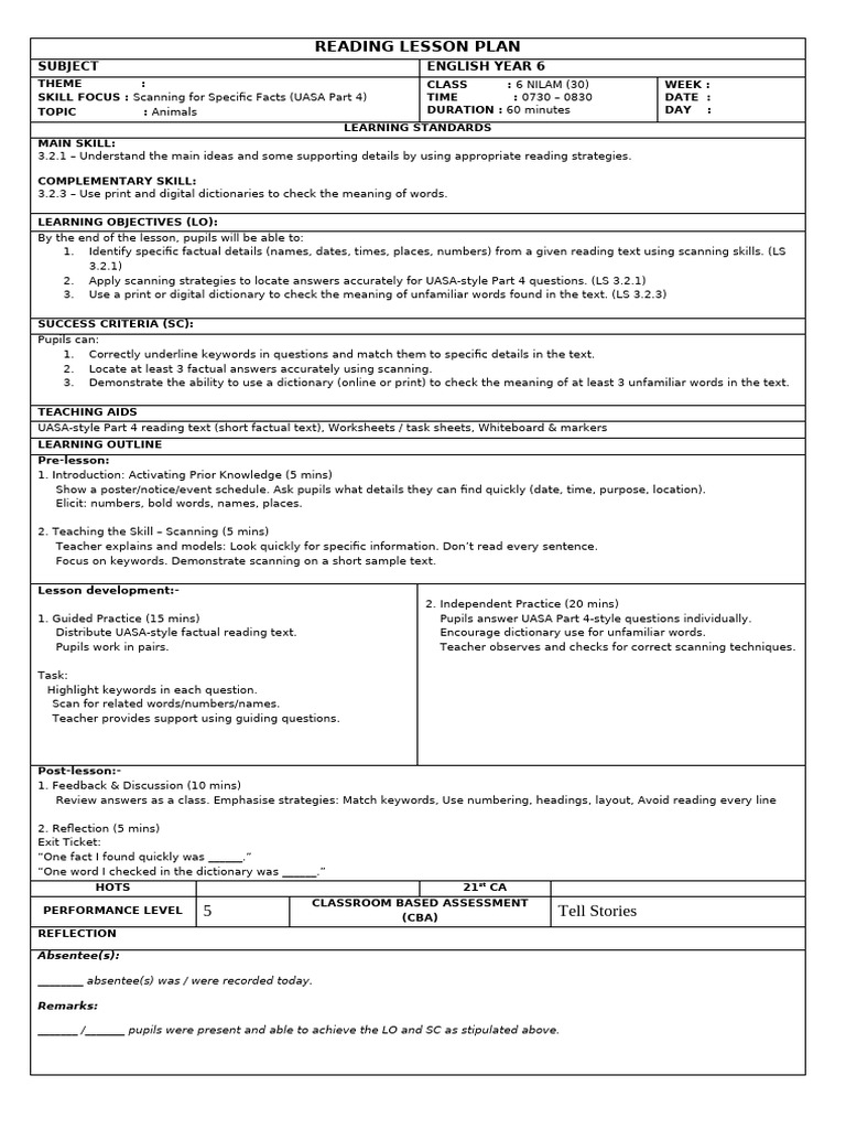 Reading Lesson Plan | PDF | Lesson Plan | Teachers