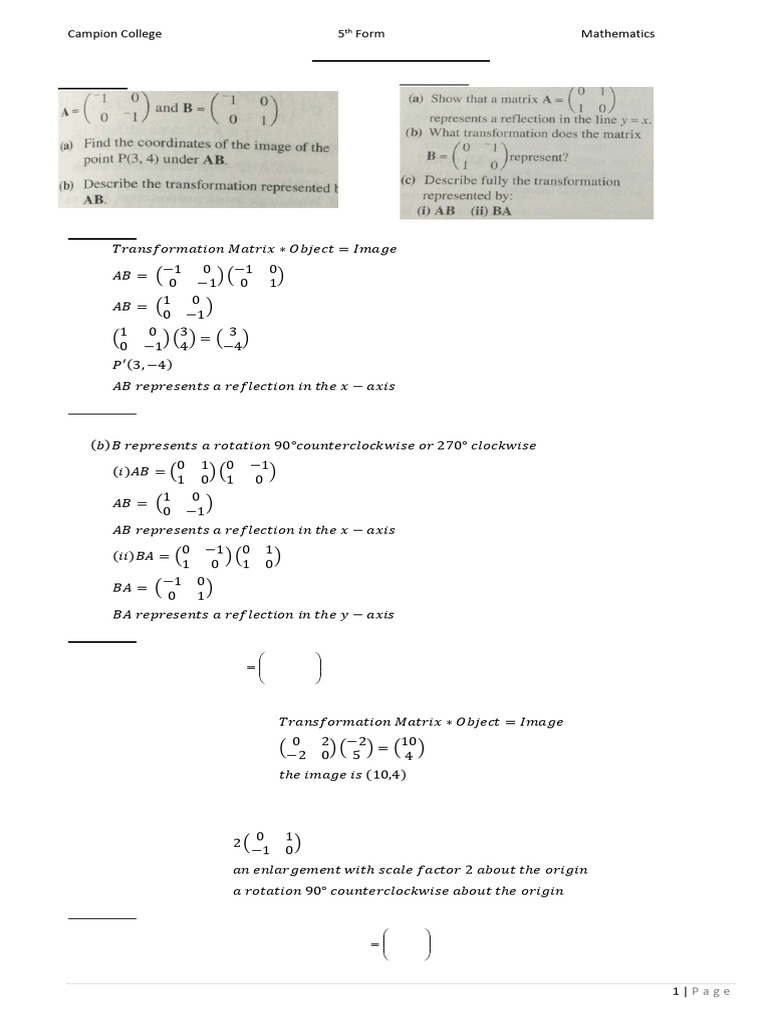 Matrix Transformation CSEC Questions and SOLUTIONS | PDF | Matrix ...