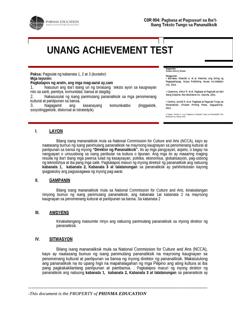 Cor 004 Achievement Test | PDF