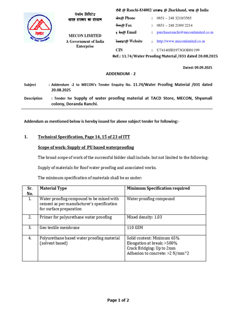MECON Tender Addendum for Waterproofing | PDF | Building Materials ...