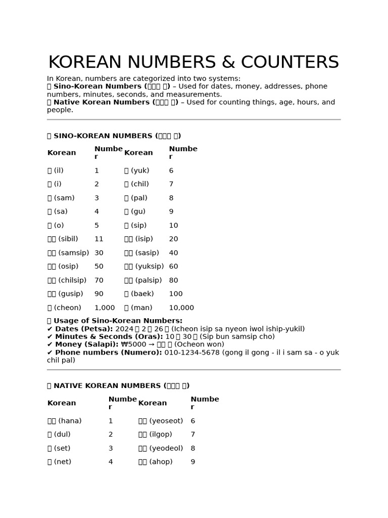 Korean Numbers and Counters | PDF